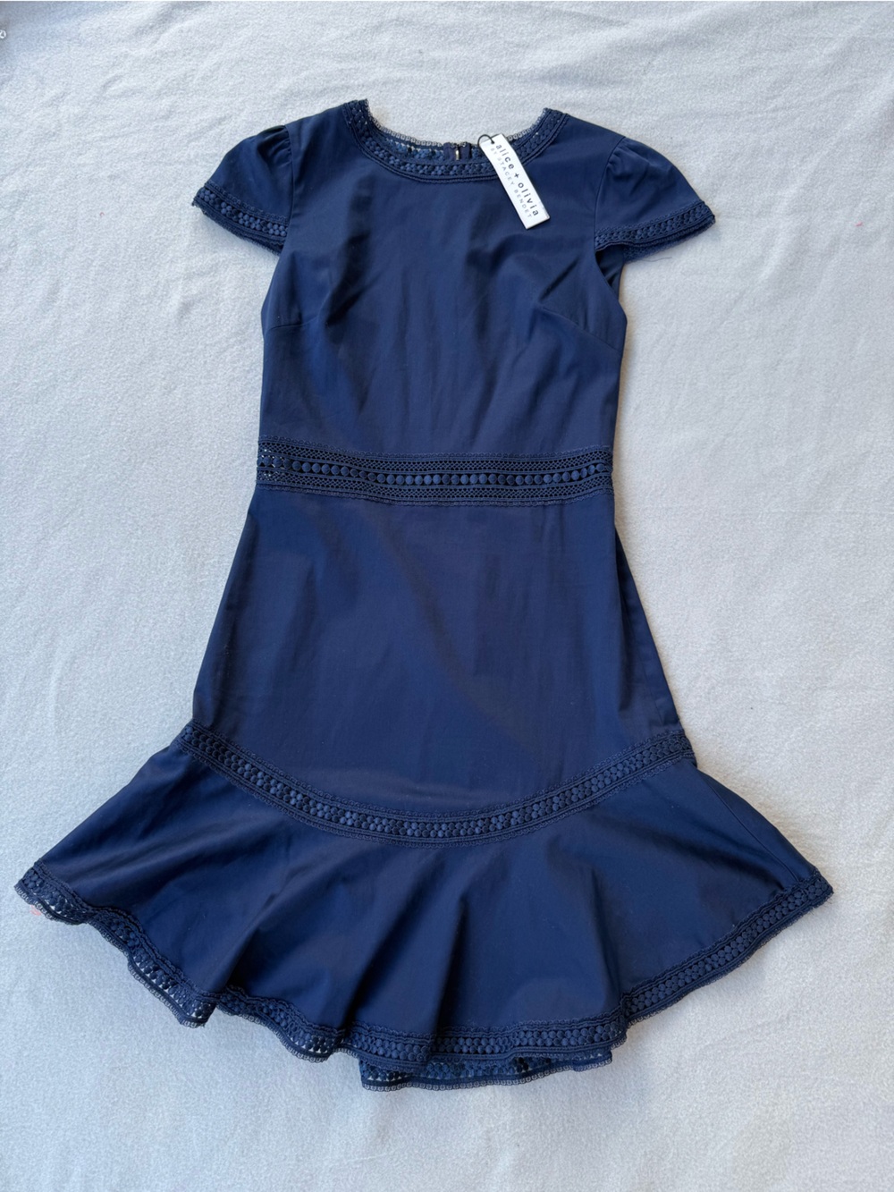 Alice + Olivia Paneled Mini Dress Sz 2 XS Navy Blue Cap Sleeves Ruffle Hem NWT